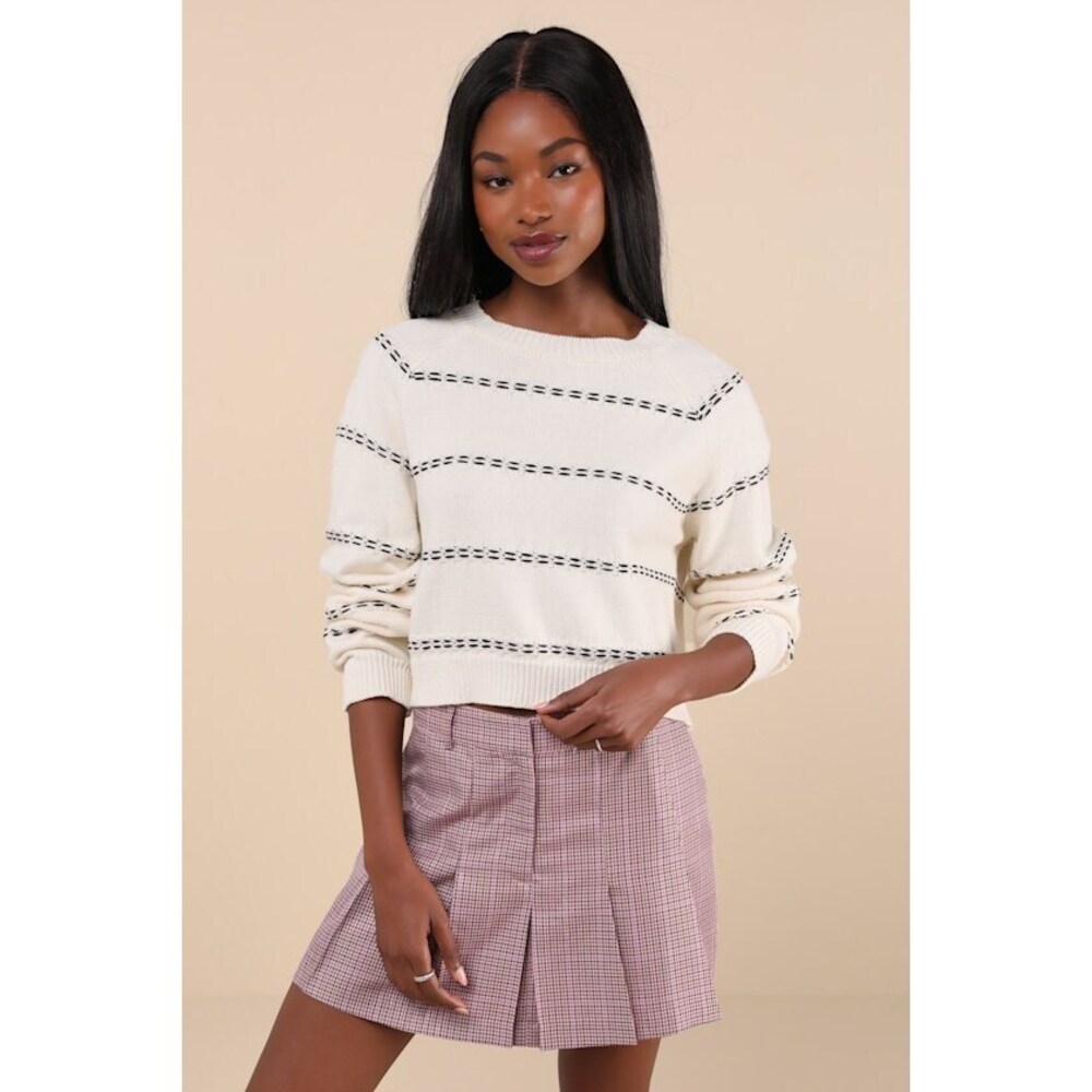 Lulus Pleasant Perception Ivory Stitched Long Sleeve Sweater White - Size S